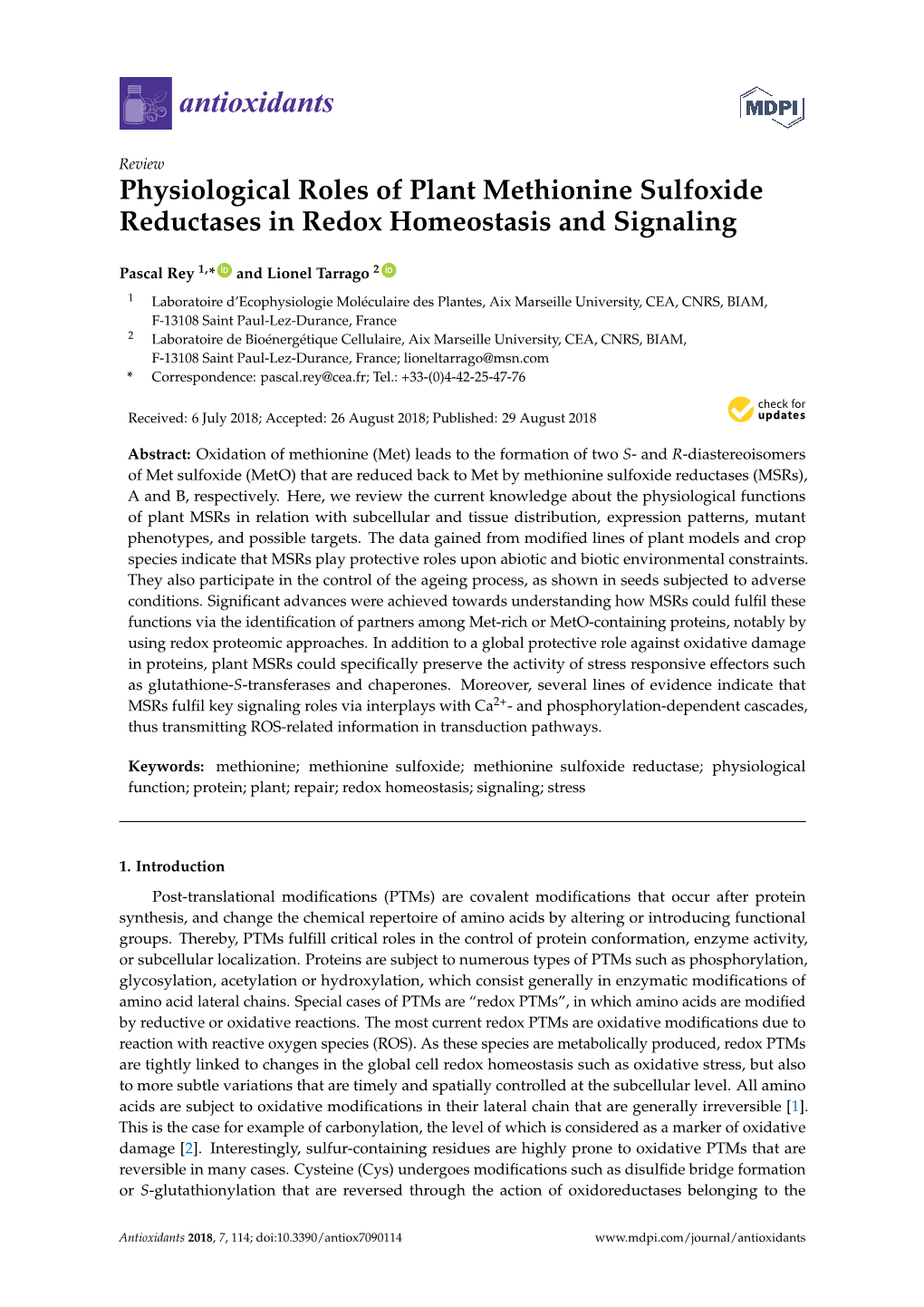 Physiological Roles of Plant Methionine Sulfoxide Reductases in Redox Homeostasis and Signaling