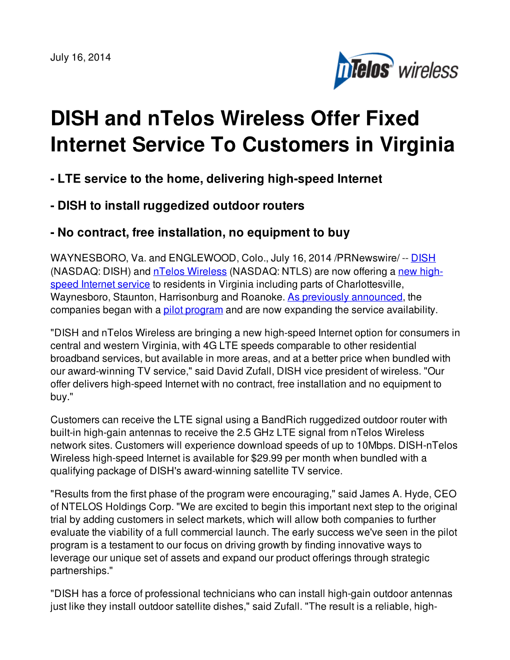 DISH and Ntelos Wireless Offer Fixed Internet Service to Customers in Virginia