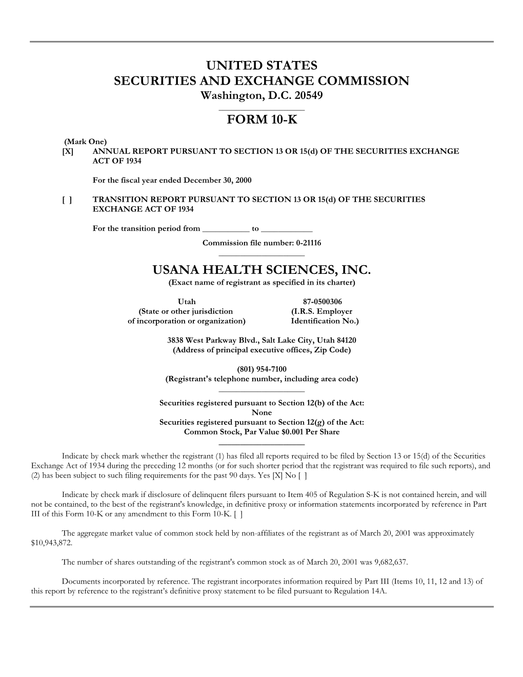 United States Securities and Exchange Commission Form