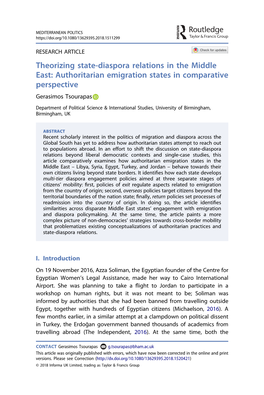 Theorizing State-Diaspora Relations in the Middle East: Authoritarian Emigration States in Comparative Perspective Gerasimos Tsourapas