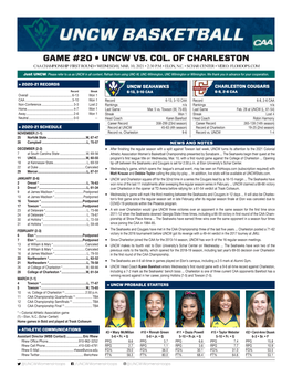 Game #20 • Uncw Vs. Col. of Charleston Caa Championship First Round • Wednesday, Mar