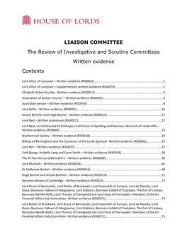 LIAISON COMMITTEE the Review of Investigative and Scrutiny Committees Written Evidence Contents