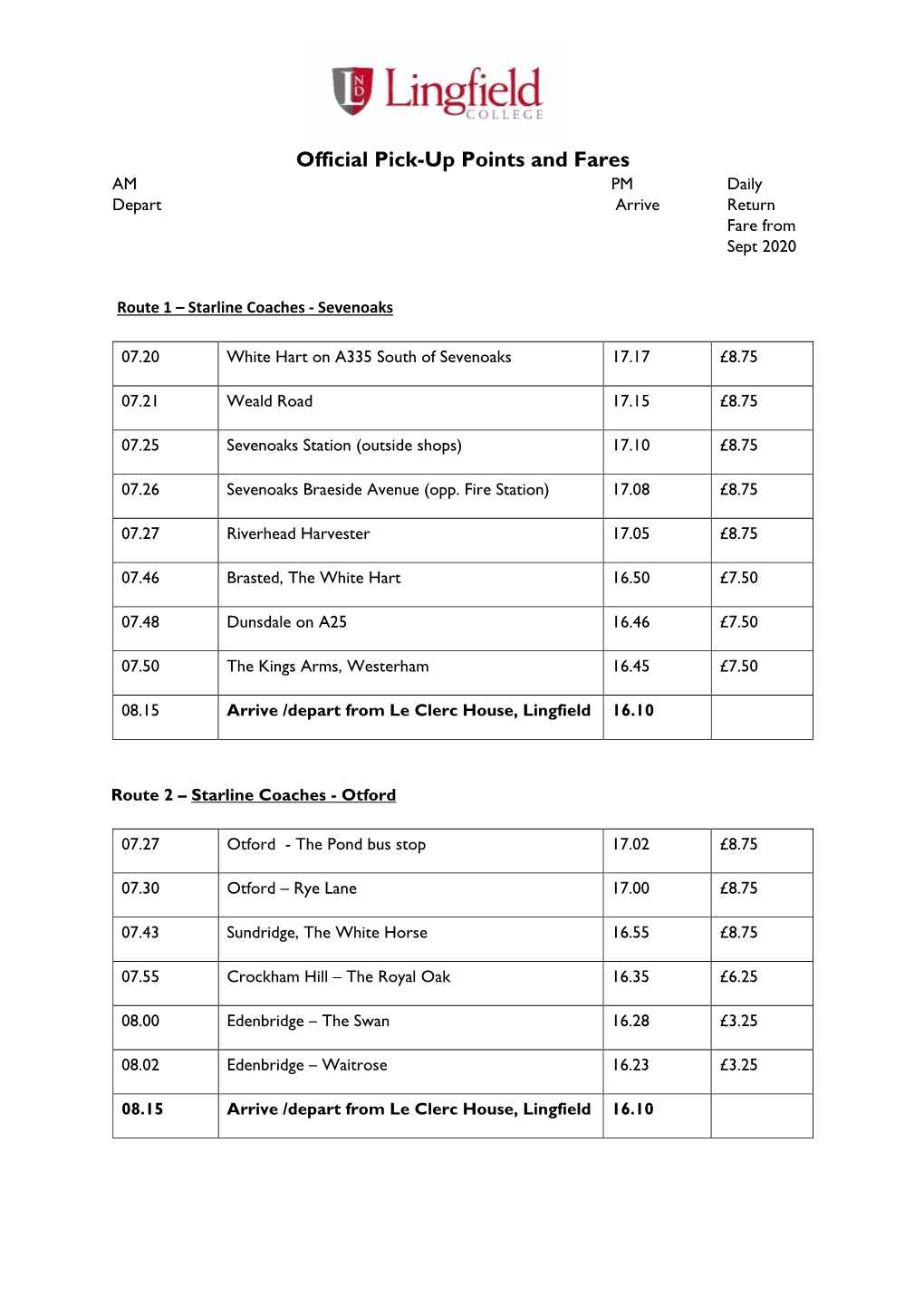 Official Pick-Up Points and Fares Coach Services