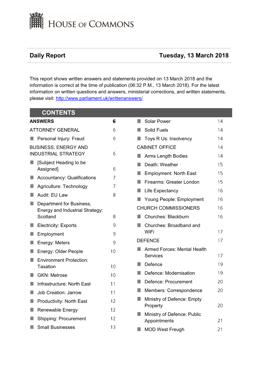 Daily Report Tuesday, 13 March 2018 CONTENTS