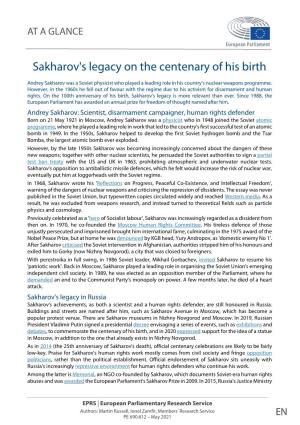 Sakharov's Legacy on the Centenary of His Birth