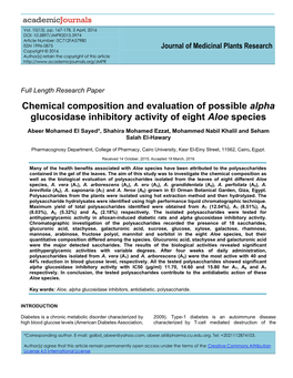 Chemical Composition and Evaluation of Possible Alpha Glucosidase Inhibitory Activity of Eight Aloe Species