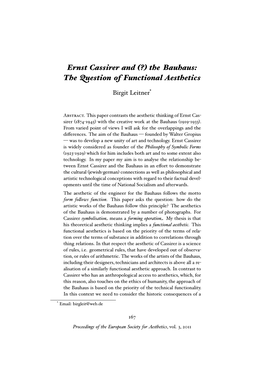 Ernst Cassirer and (?) the Bauhaus: the Question of Functional Aesthetics Birgit Leitner*