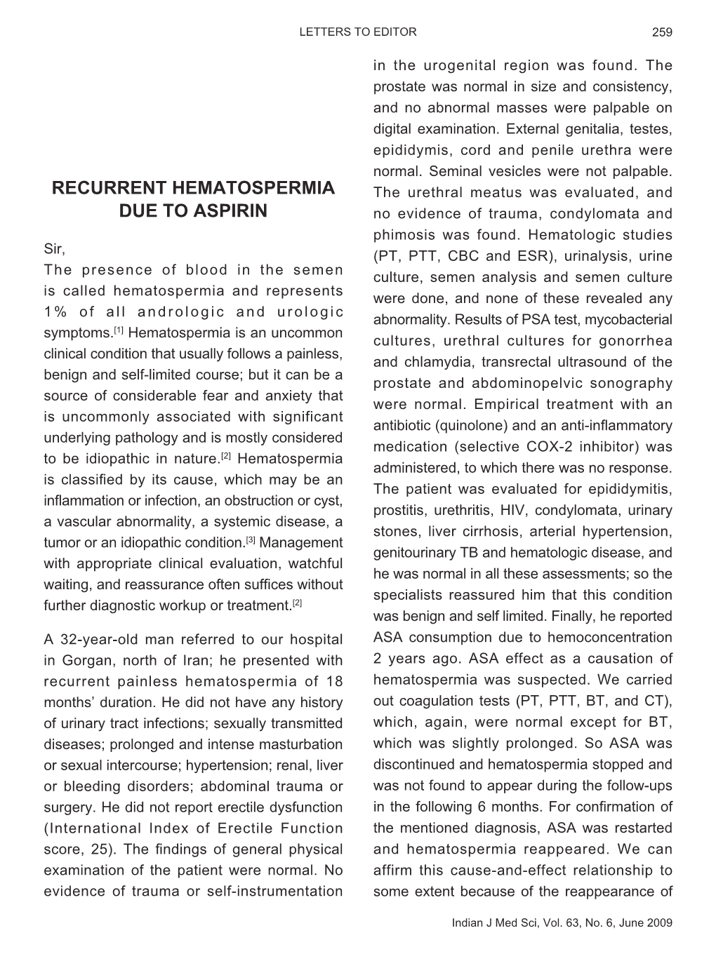 Recurrent Hematospermia Due to Aspirin