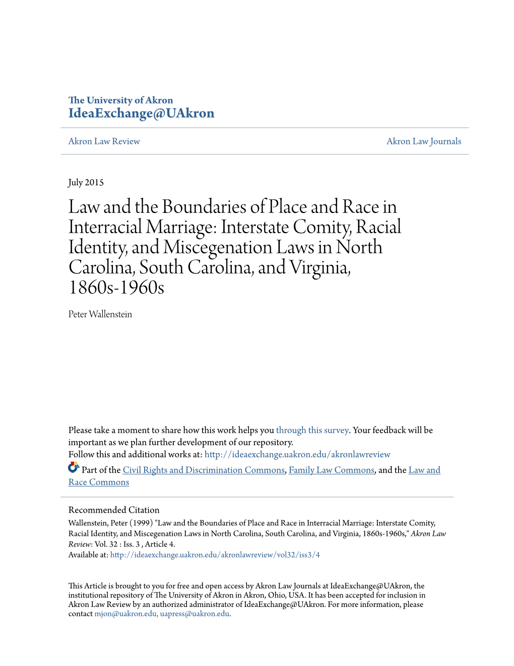 Law and the Boundaries of Place and Race in Interracial Marriage: Interstate Comity, Racial Identity, and Miscegenation Laws In