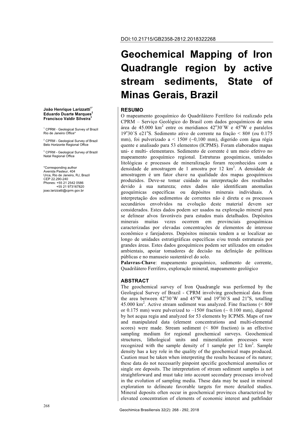 Geochemical Mapping of Iron Quadrangle Region by Active Stream Sediments, State of Minas Gerais, Brazil