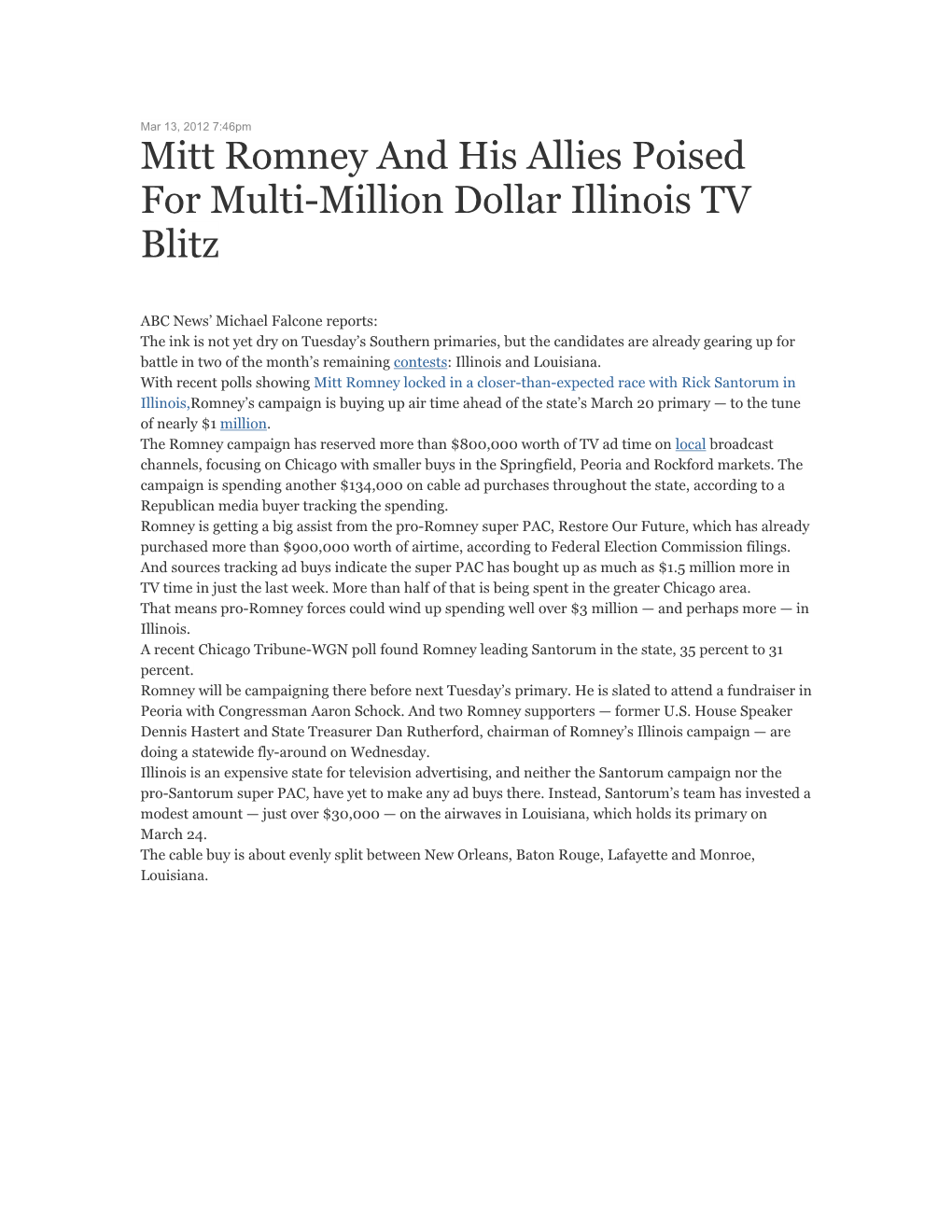 Mitt Romney and His Allies Poised for Multi-Million Dollar Illinois TV Blitz