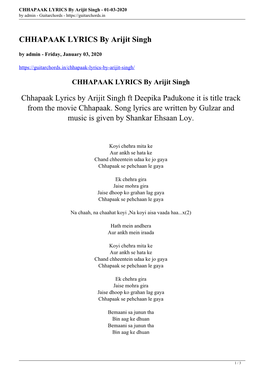 CHHAPAAK LYRICS by Arijit Singh - 01-03-2020 by Admin - Guitarchords