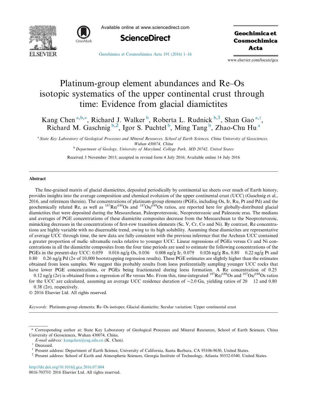 Platinum-Group Element Abundances and Re–Os Isotopic Systematics of the Upper Continental Crust Through Time: Evidence from Glacial Diamictites