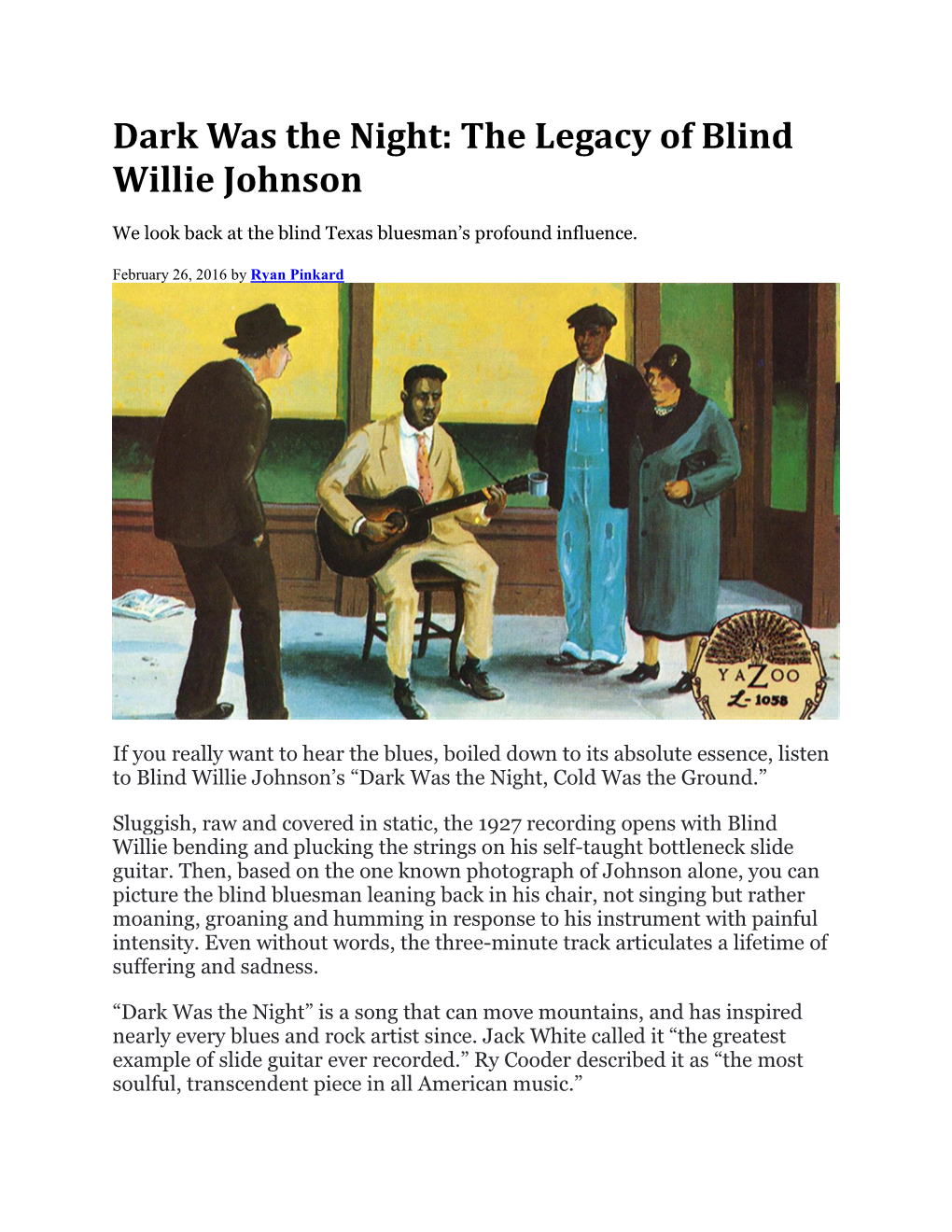 Dark Was the Night: the Legacy of Blind Willie Johnson