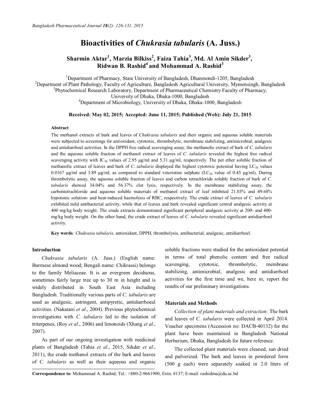 Bioactivities of Chukrasia Tabularis (A. Juss.)