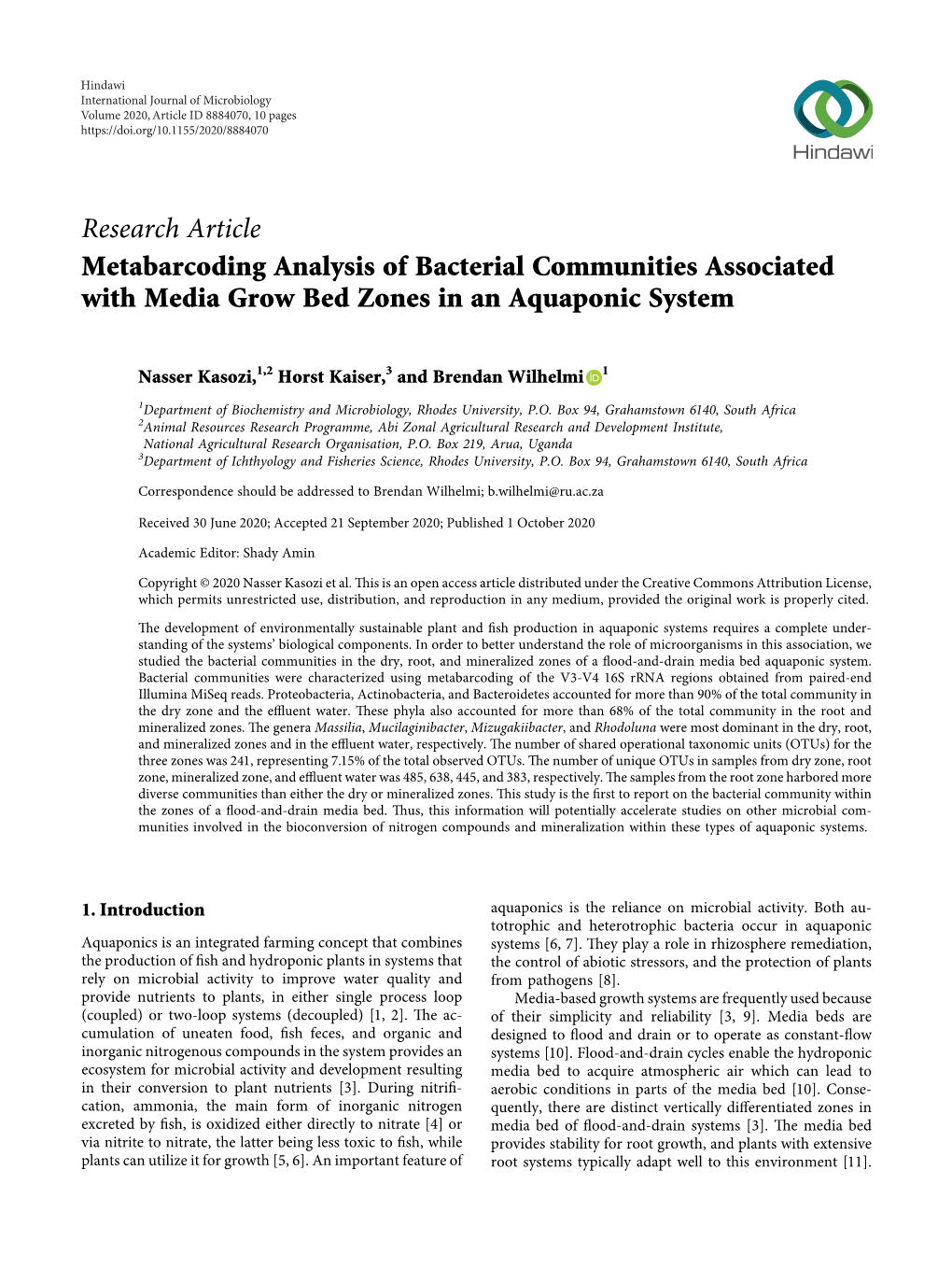 Metabarcoding Analysis of Bacterial Communities Associated with Media Grow Bed Zones in an Aquaponic System