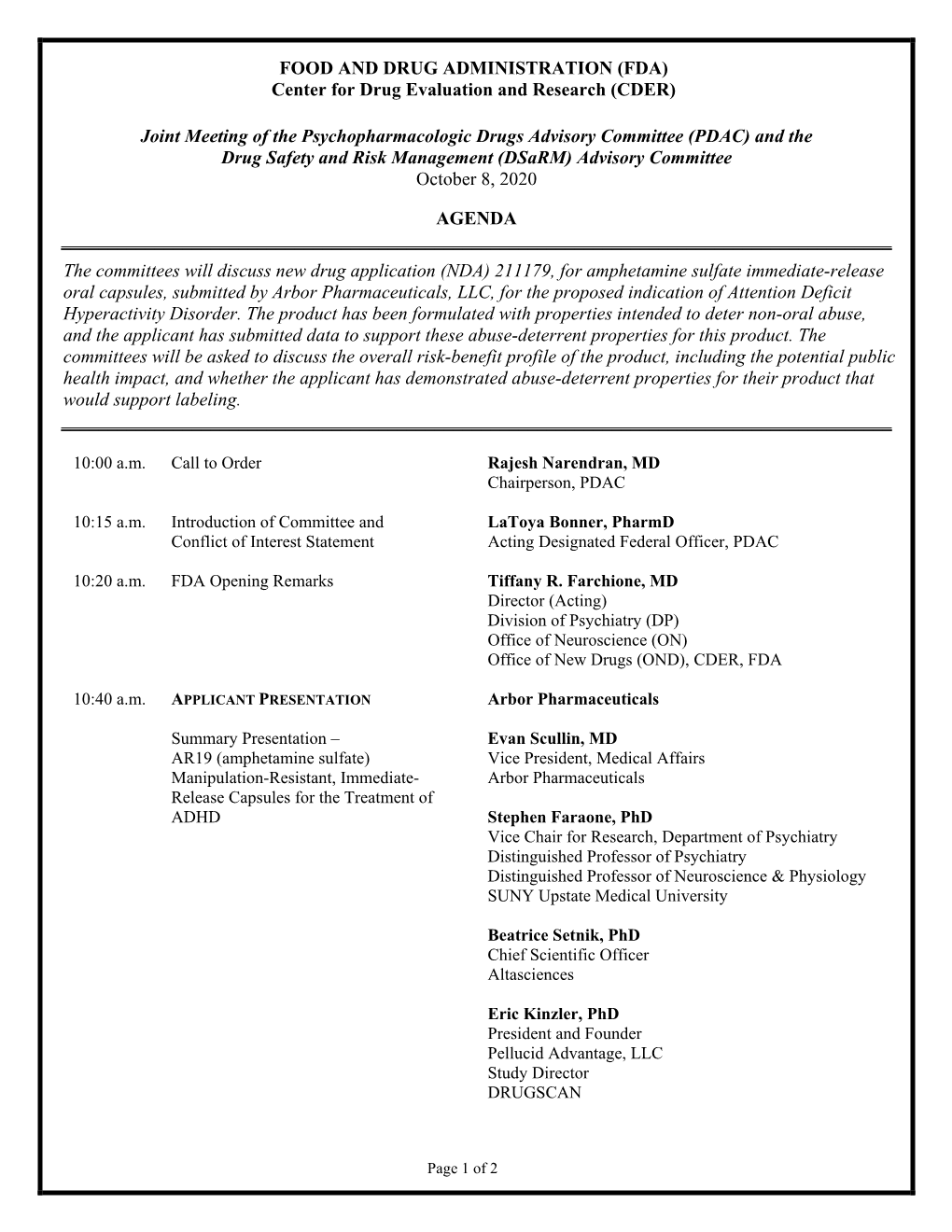 Final Agenda for the October 8, 2020 Joint Meeting of the Psychopharmacologic Drugs Advisory Committee