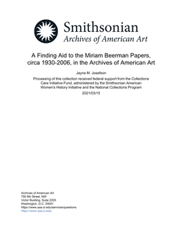 A Finding Aid to the Miriam Beerman Papers, Circa 1930-2006, in the Archives of American Art