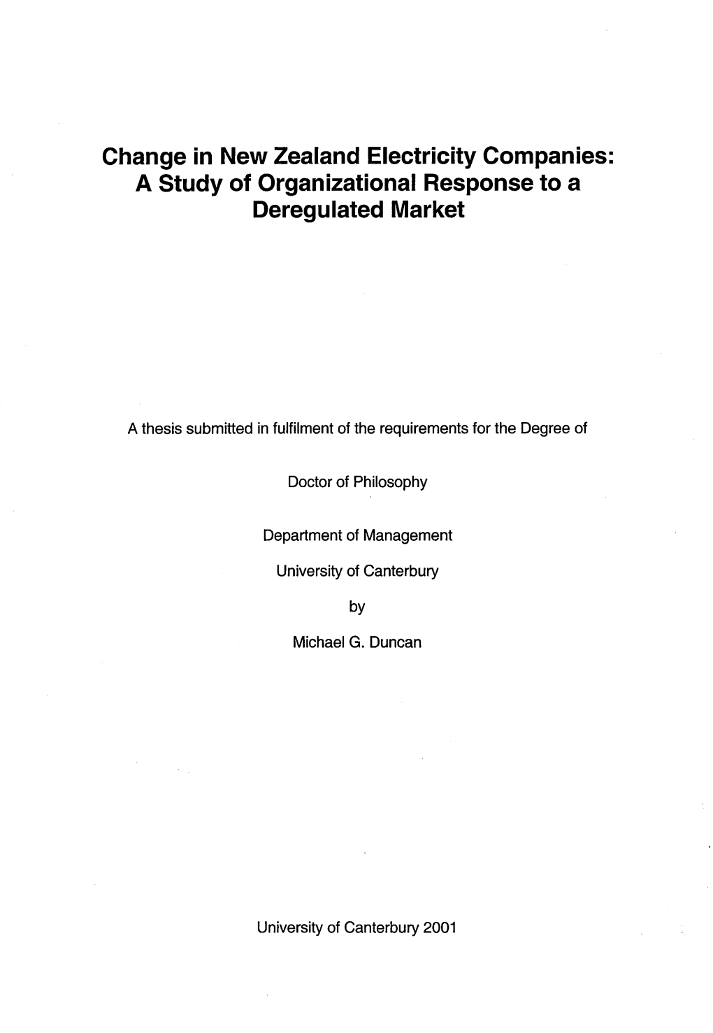 Change in New Zealand Electricity Companies: a Study of Organizational Response to a Deregulated Market