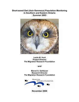 Short-Eared Owl (Asio Flammeus) Population Monitoring in Southern and Eastern Ontario Summer 2003