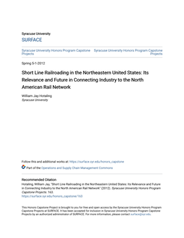 Short Line Railroading in the Northeastern United States: Its Relevance and Future in Connecting Industry to the North American Rail Network