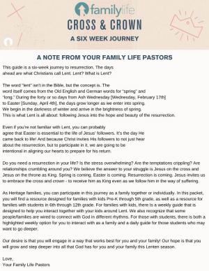 A Six Week Journey a Note from Your Family Life Pastors
