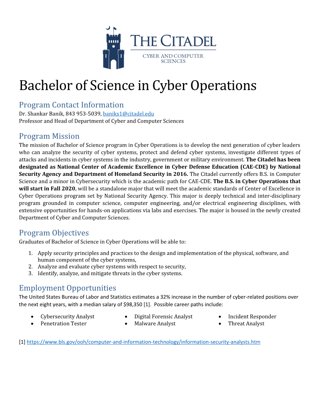 Bachelor of Science in Cyber Operations Program Contact Information Dr