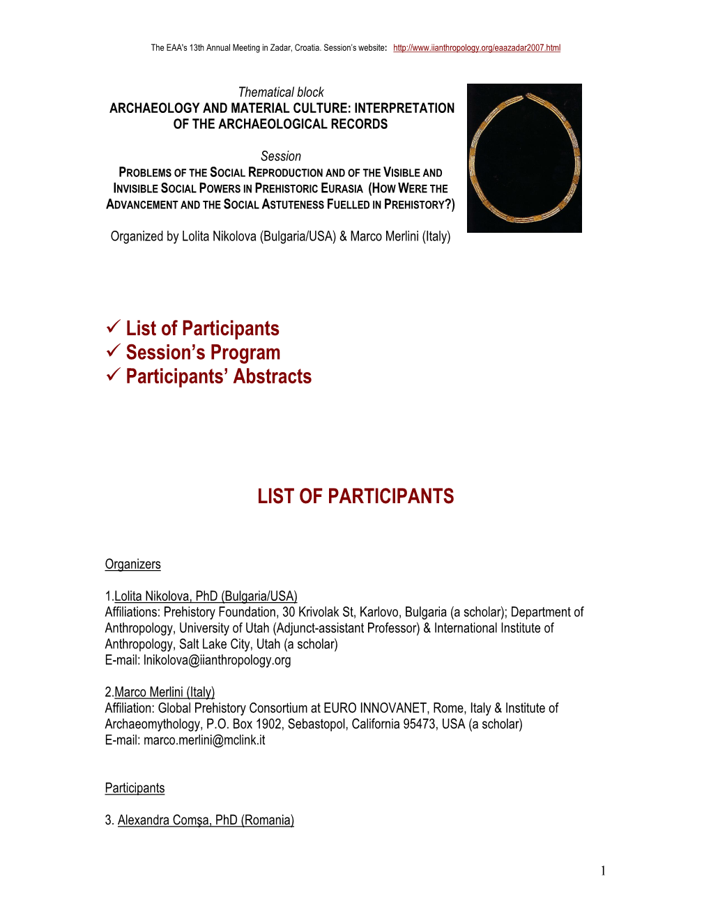 List of Participants Session's Program Participants