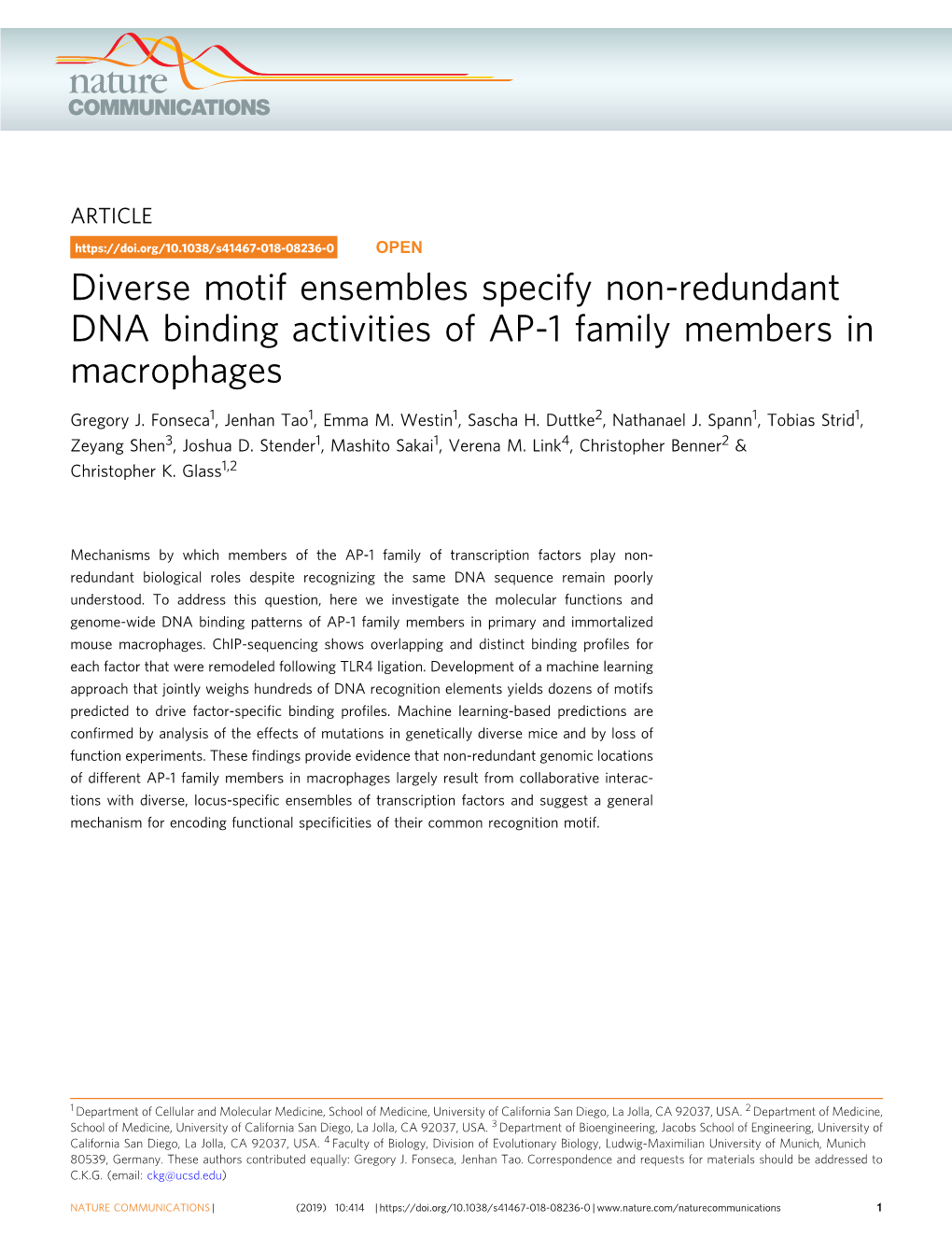 Diverse Motif Ensembles Specify Non-Redundant DNA Binding Activities of AP-1 Family Members in Macrophages