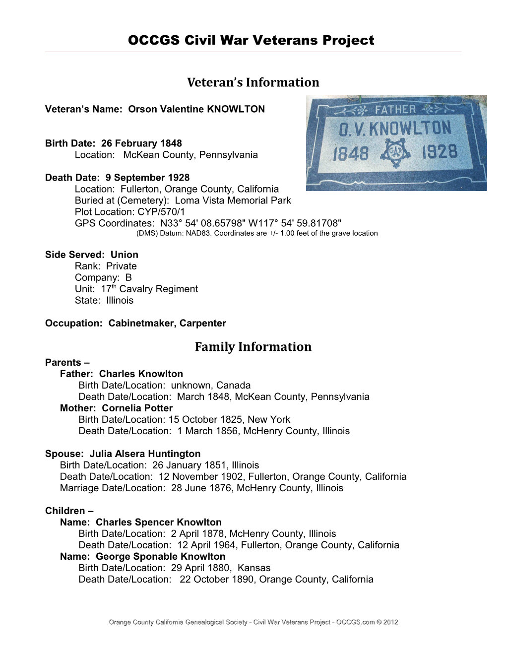 Orson V Knowlton, Civil War Veteran, Orange County California