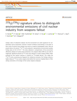 233U/236U Signature Allows to Distinguish Environmental Emissions of Civil Nuclear Industry from Weapons Fallout ✉ K