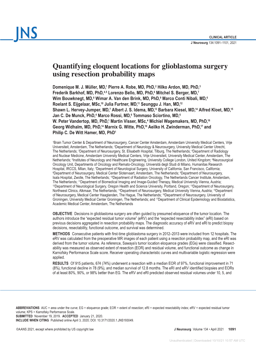 Quantifying Eloquent Locations for Glioblastoma Surgery Using Resection Probability Maps