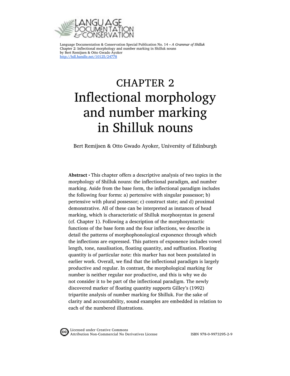 Chapter 2: Inflectional Morphology and Number Marking in Shilluk Nouns by Bert Remijsen & Otto Gwado Ayoker