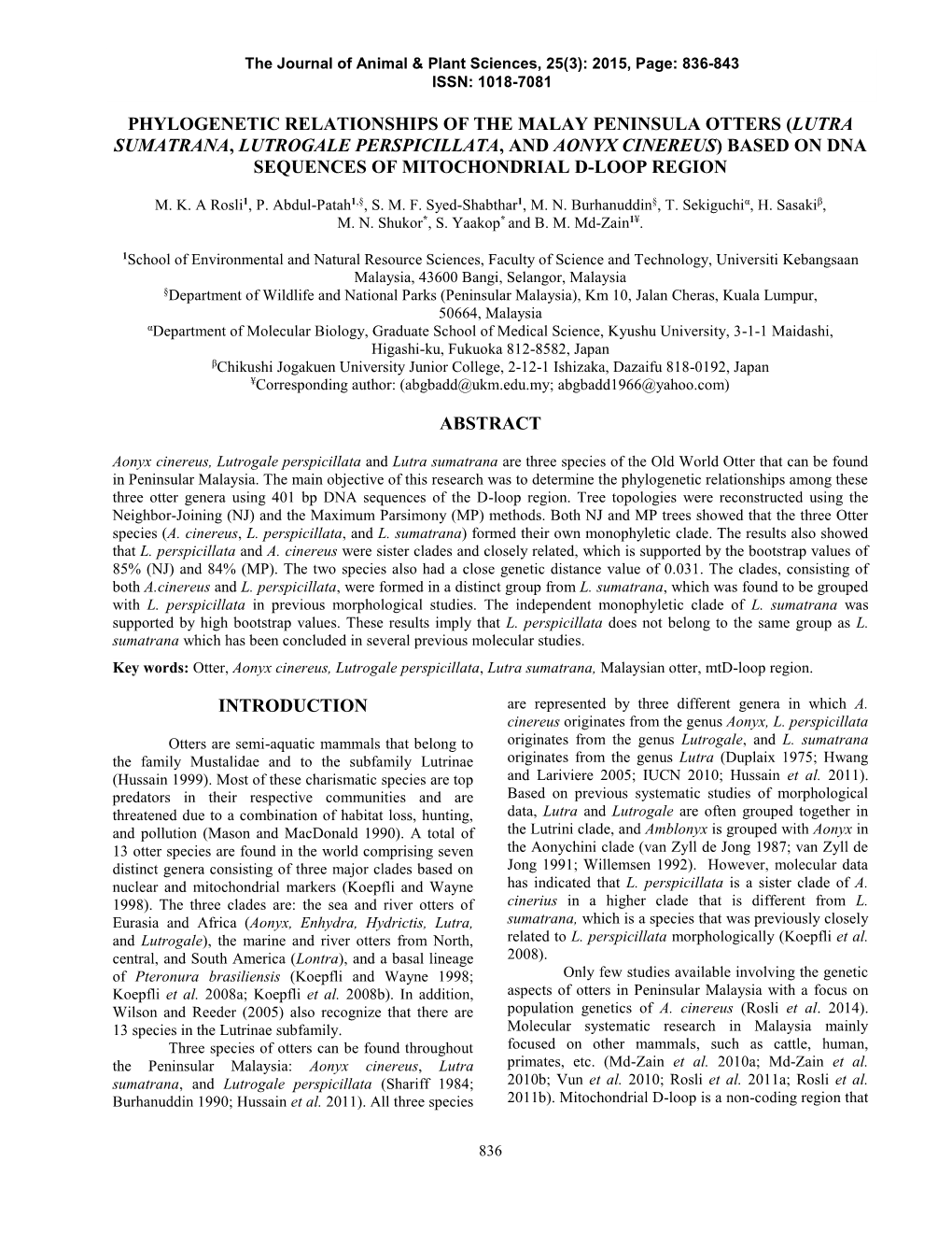 Lutra Sumatrana, Lutrogale Perspicillata, and Aonyx Cinereus) Based on Dna Sequences of Mitochondrial D-Loop Region