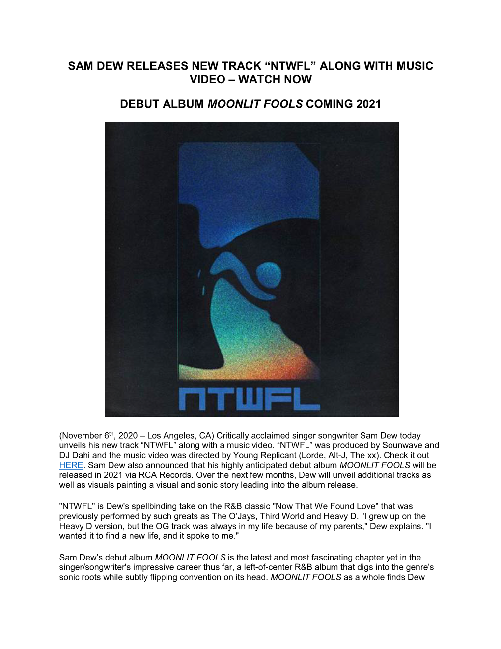 Sam Dew Releases New Track “Ntwfl” Along with Music Video – Watch Now Debut Album Moonlit Fools Coming 2021