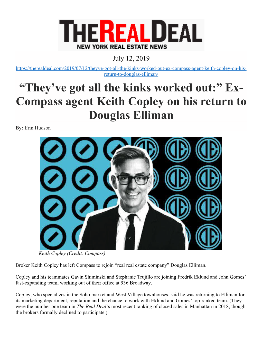“They've Got All the Kinks Worked Out:” Ex- Compass Agent Keith Copley on His Return to Douglas Elliman