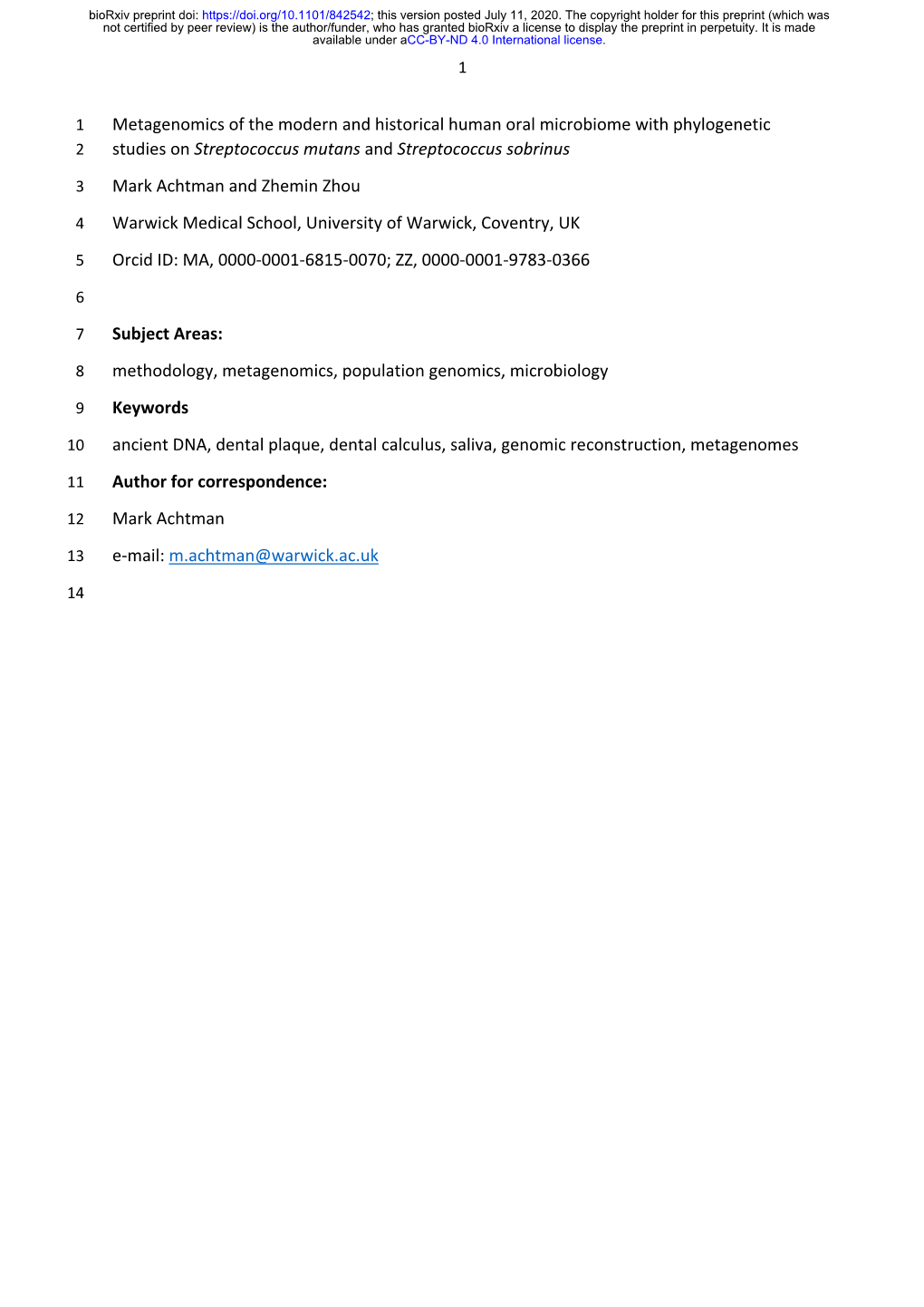 Metagenomics of the Modern and Historical Human Oral Microbiome with Phylogenetic 2 Studies on Streptococcus Mutans and Streptococcus Sobrinus