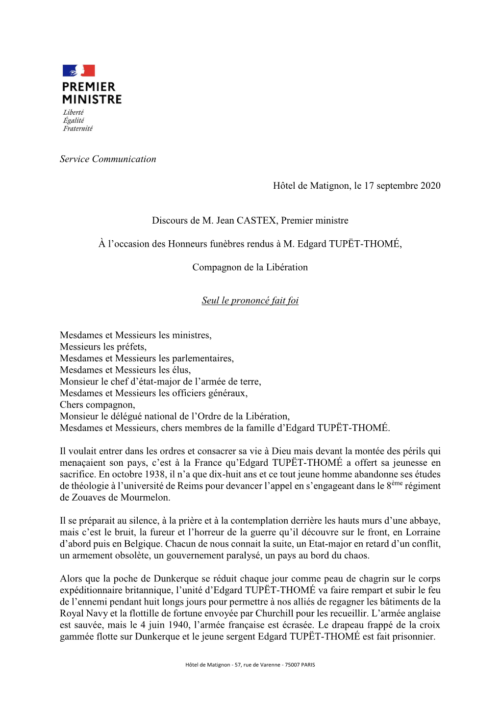 Service Communication Hôtel De Matignon, Le 17 Septembre 2020 Discours De M. Jean CASTEX, Premier Ministre À L'occasion