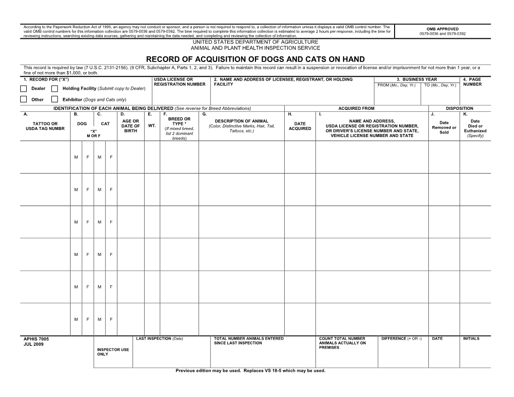 RECORD of ACQUISITION of DOGS and CATS on HAND This Record Is Required by Law (7 U.S.C