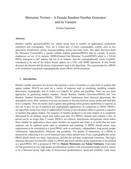 Mersenne Twister – a Pseudo Random Number Generator and Its Variants