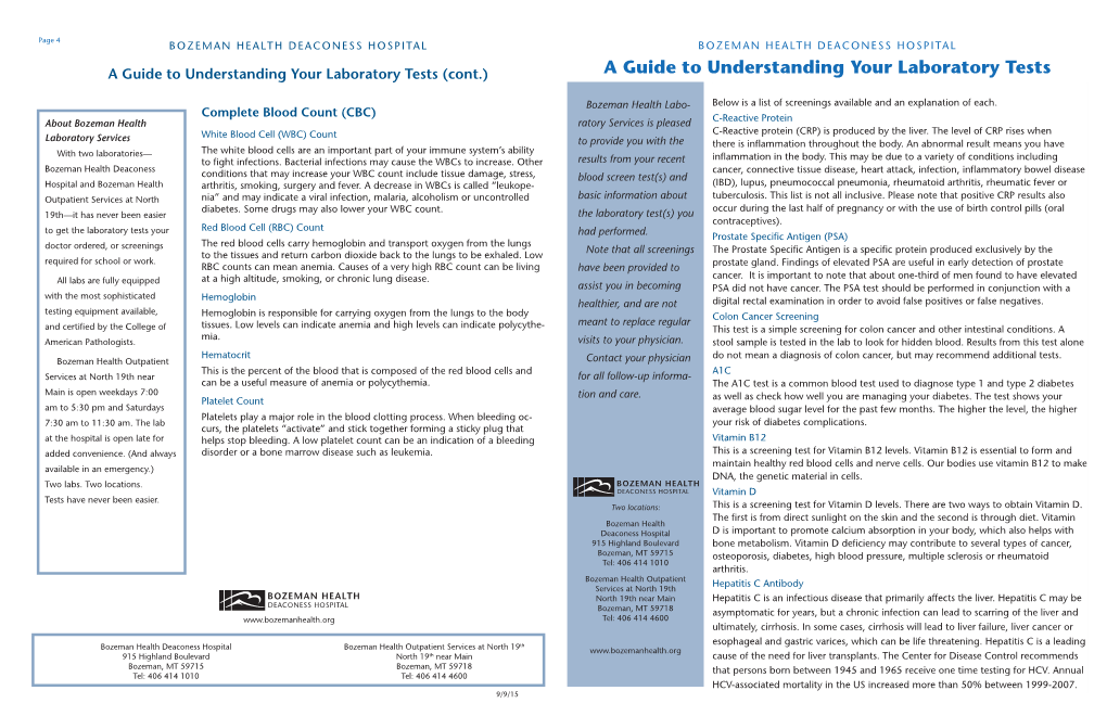 A Guide to Understanding Your Laboratory Tests (Cont.) a Guide to