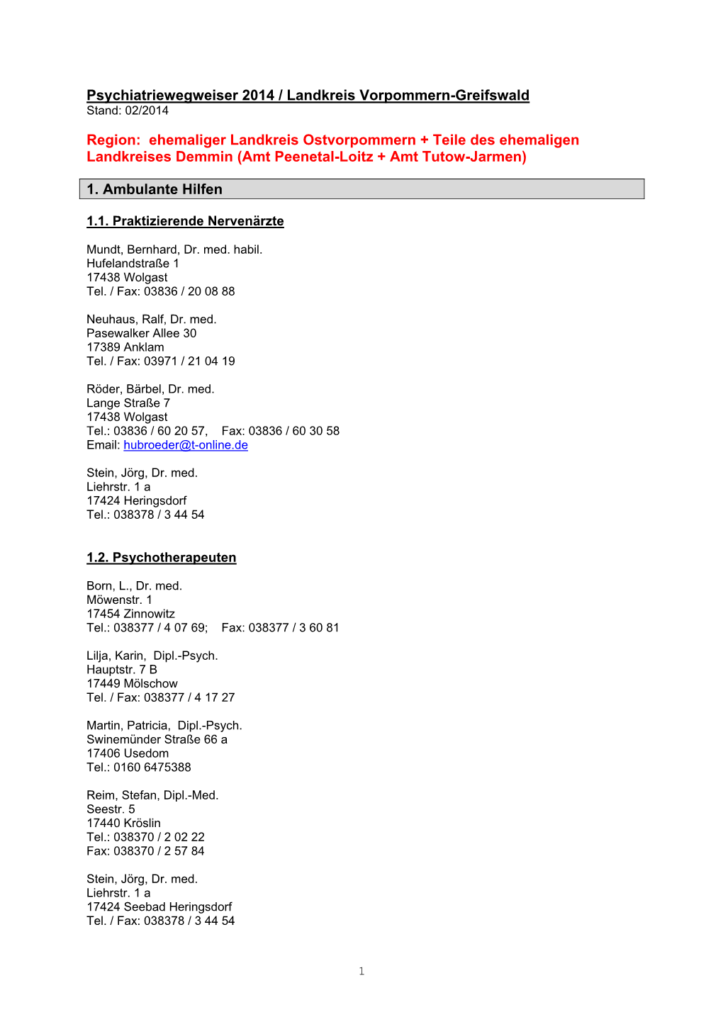 Psychiatriewegweiser 2014 / Landkreis Vorpommern-Greifswald Region: Ehemaliger Landkreis Ostvorpommern + Teile Des Ehemaligen