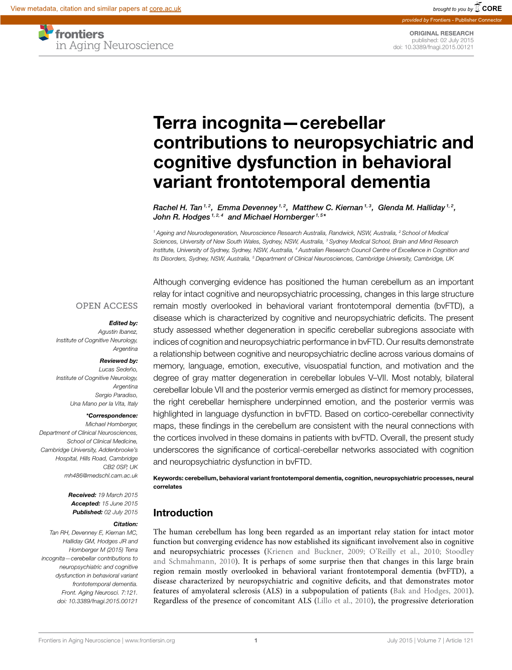 Terra Incognita—Cerebellar Contributions to Neuropsychiatric and Cognitive Dysfunction in Behavioral Variant Frontotemporal Dementia