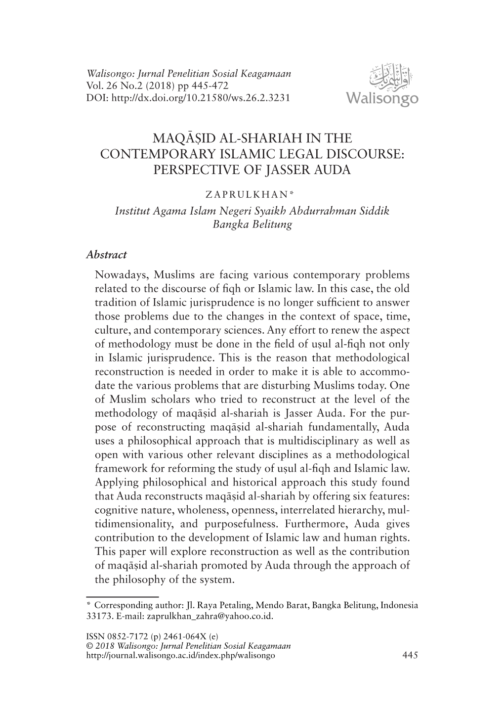 Maqāṣid Al-Shariah in the Contemporary Islamic Legal Discourse: Perspective of Jasser Auda