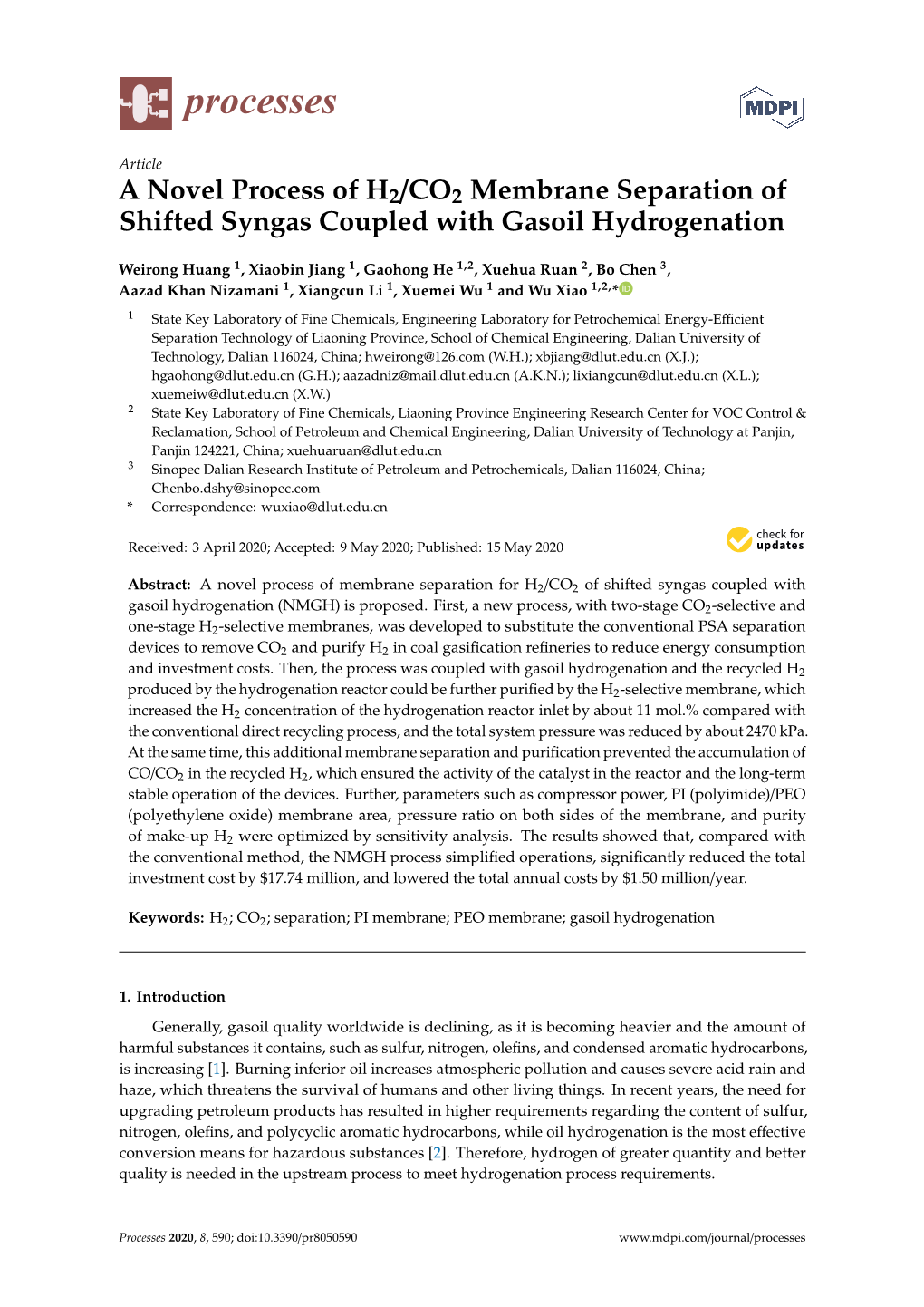 A Novel Process of H2/CO2 Membrane Separation of Shifted Syngas Coupled with Gasoil Hydrogenation