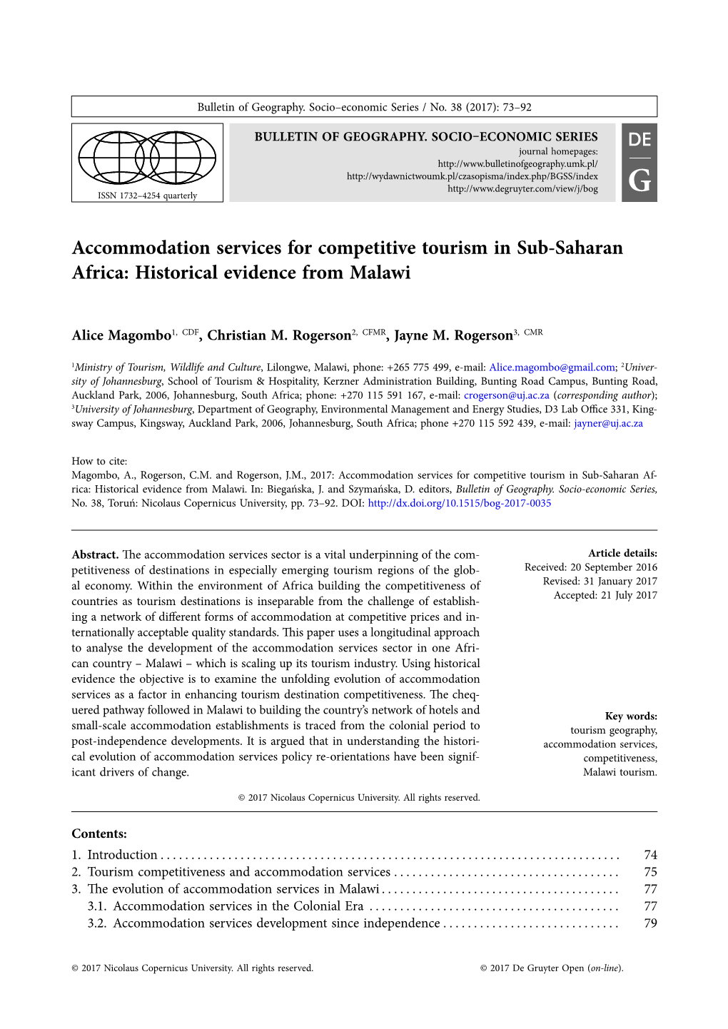 Accommodation Services for Competitive Tourism in Sub-Saharan Africa: Historical Evidence from Malawi