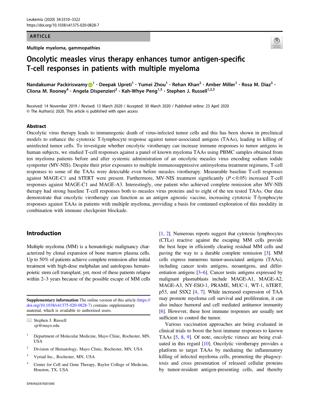 Oncolytic Measles Virus Therapy Enhances Tumor Antigen-Speciﬁc T-Cell Responses in Patients with Multiple Myeloma