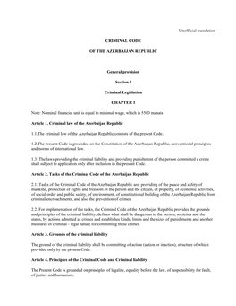 Unofficial Translation CRIMINAL CODE of the AZERBAIJAN