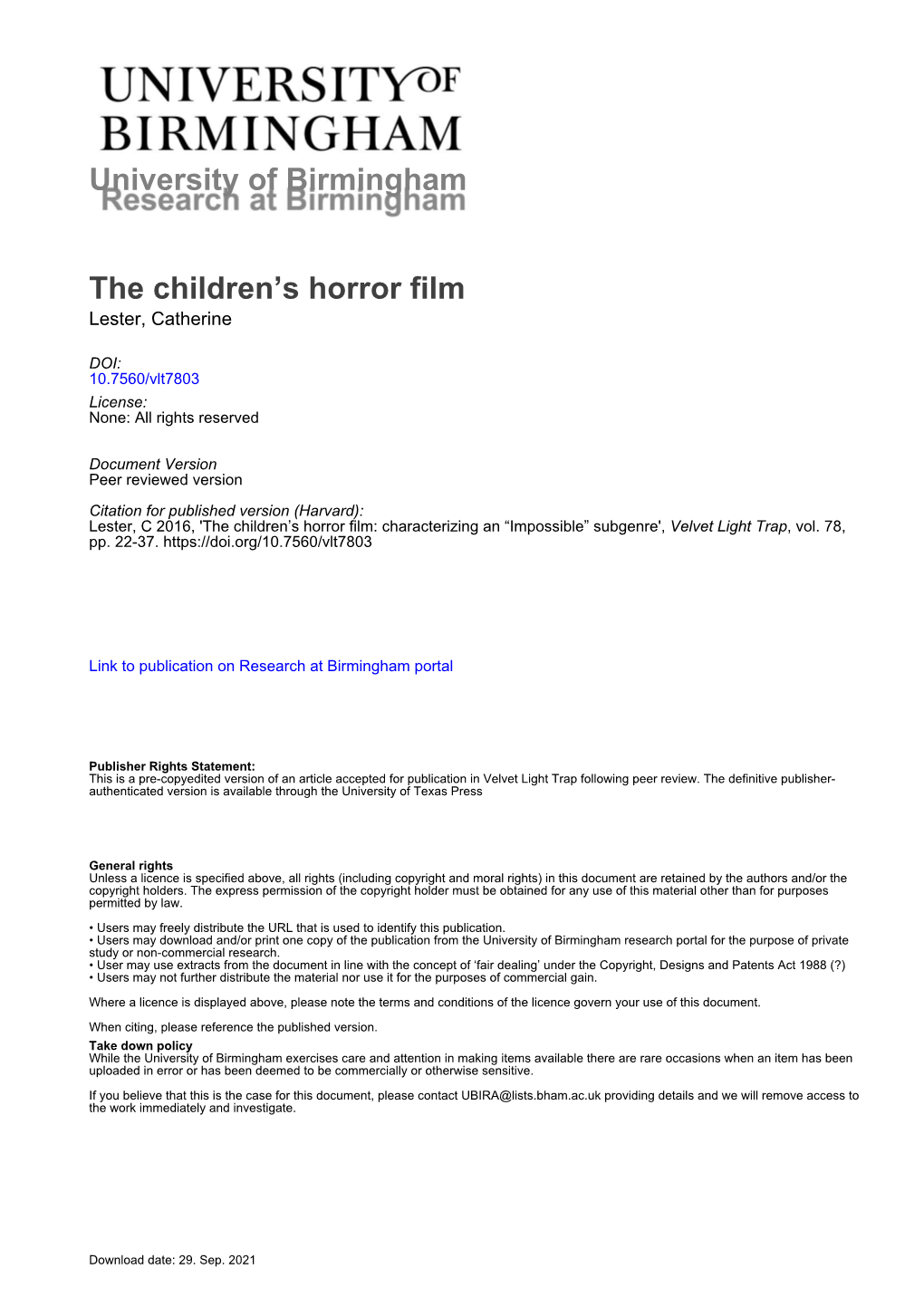 University of Birmingham the Children's Horror Film