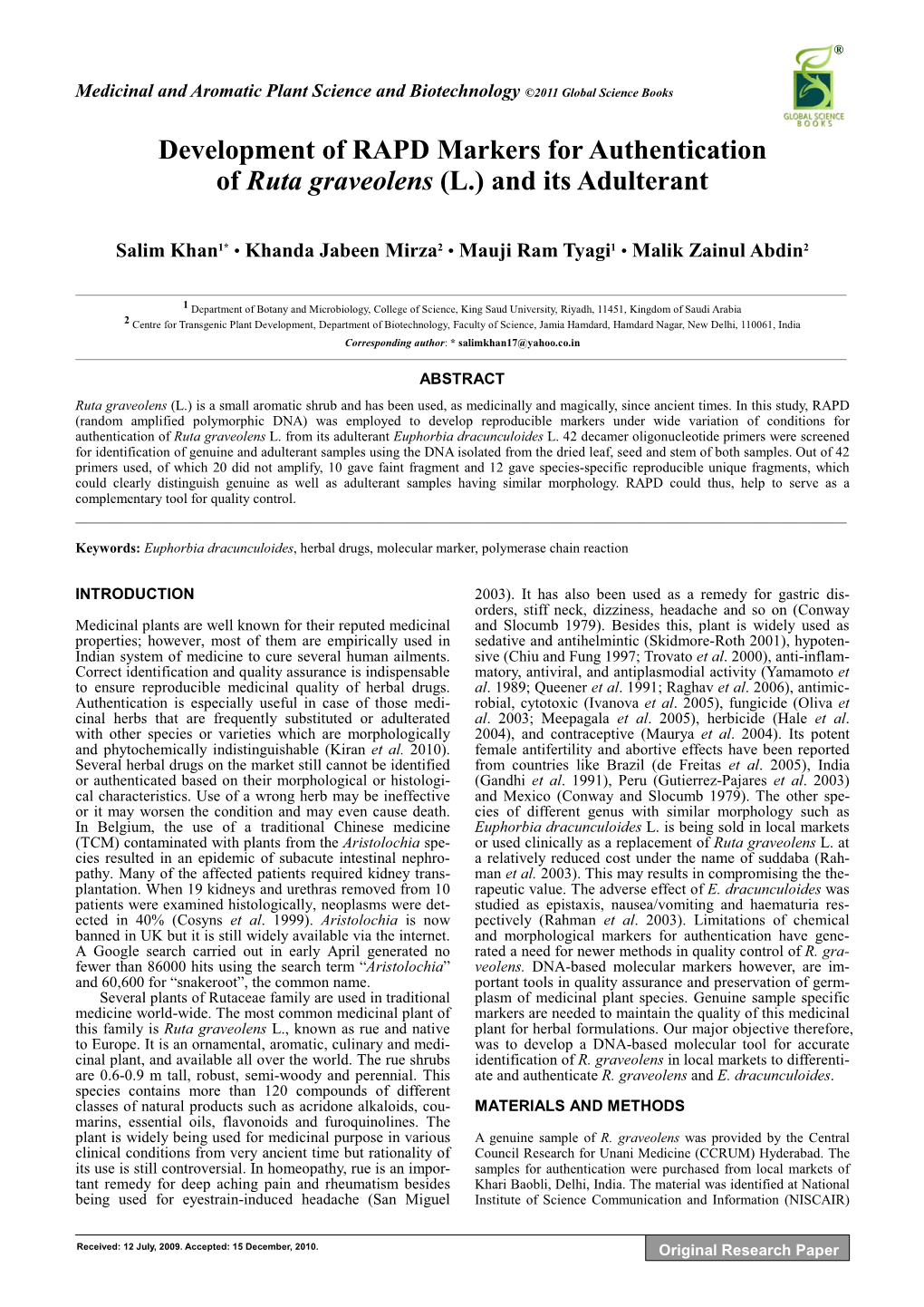 Development of RAPD Markers for Authentication of Ruta Graveolens (L.) and Its Adulterant